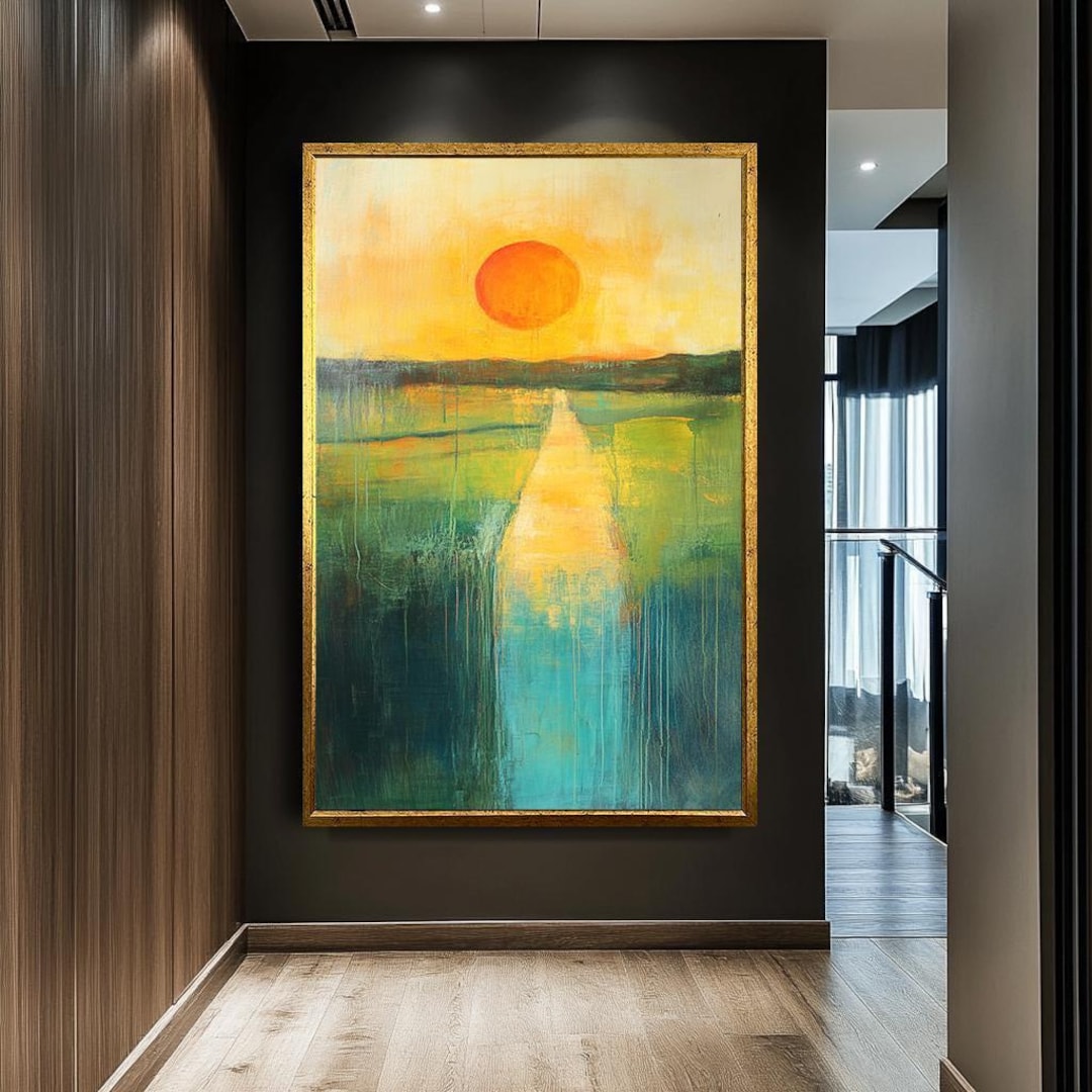 Abstract Sunset Landscape Canvas, Vibrant Yellow Green Horizon Painting ...
