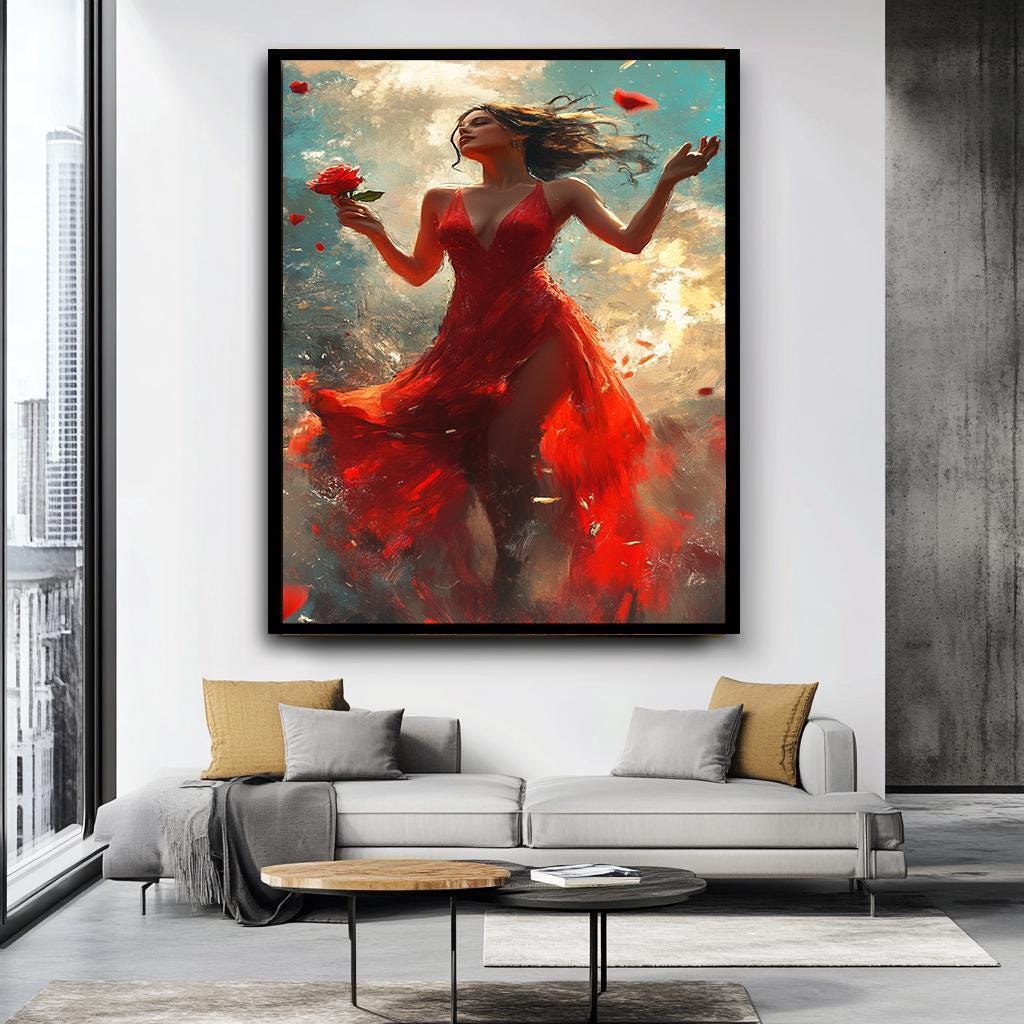 Woman in Red Dress Wall Art, Elegant Romantic Canvas Print, Dramatic ...
