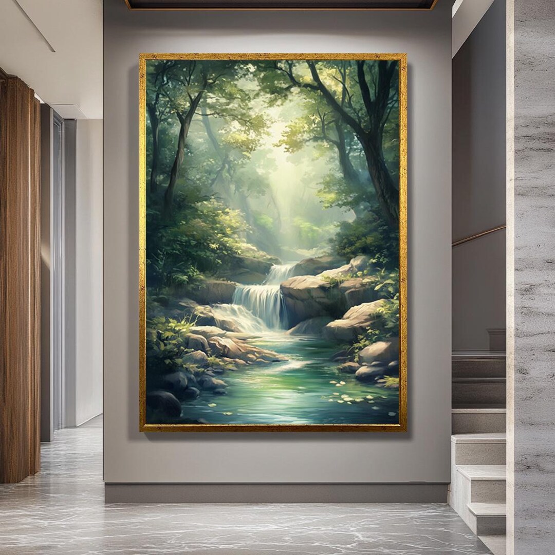Tranquil Waterfall Forest Canvas Wall Art, Nature Landscape Painting ...