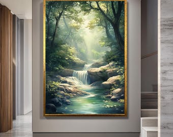 Tranquil Waterfall Forest Canvas Wall Art, Nature Landscape Painting Print, Serene Green Woodland Scene for Bedroom or Living Room Decor
