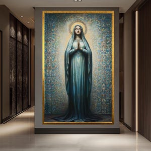 祈りの聖母マリアのキャンバス – 穏やかな青いマドンナアート – 神聖なスピリチュアルな壁装飾 – 宗教的なキャンバス画 – 聖母マリアのアイコン