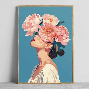 Floral Woman Canvas Print | Pink Peony Head Art | Modern Feminine Wall Decor | Bold Botanical Portrait | Minimalist Girl Artwork