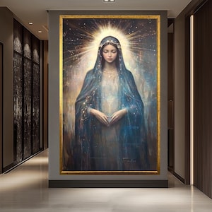 Mystical Virgin Mary Art Print – Cosmic Holy Mother Canvas – Spiritual Madonna Wall Decor – Sacred Heart Divine Feminine Icon