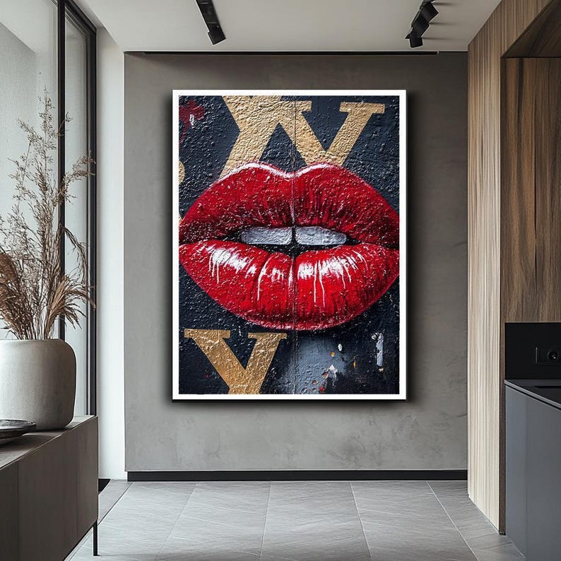 Red Lips Pop Art Canvas Wall Art, Gold Lettering Statement Decor - Etsy