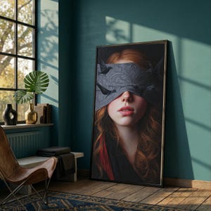 Mystical Woman with Black Birds, Blindfold Canvas Wall Art, Surreal Portrait Painting, Gothic Home Decor, Symbolic Female Face Art
