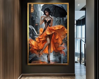 Impresión en lienzo de una elegante mujer con un vestido naranja fluido, arte urbano con estilo, obra de arte de moda audaz con paraguas, arte mural moderno para sala de estar.