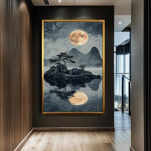 Moonlit Landscape Canvas Art, Full Moon Over Lake with Mountains and Trees, Serene Nature Wall Decor for Bedroom or Living Room, Zen Artwork