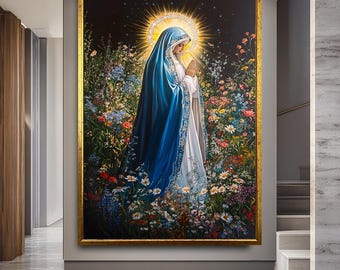 Virgin Mary Canvas Wall Art - Floral Religious Home Decor - Christian Canvas Print - Inspirational Blessed Mother Painting,Wall Art
