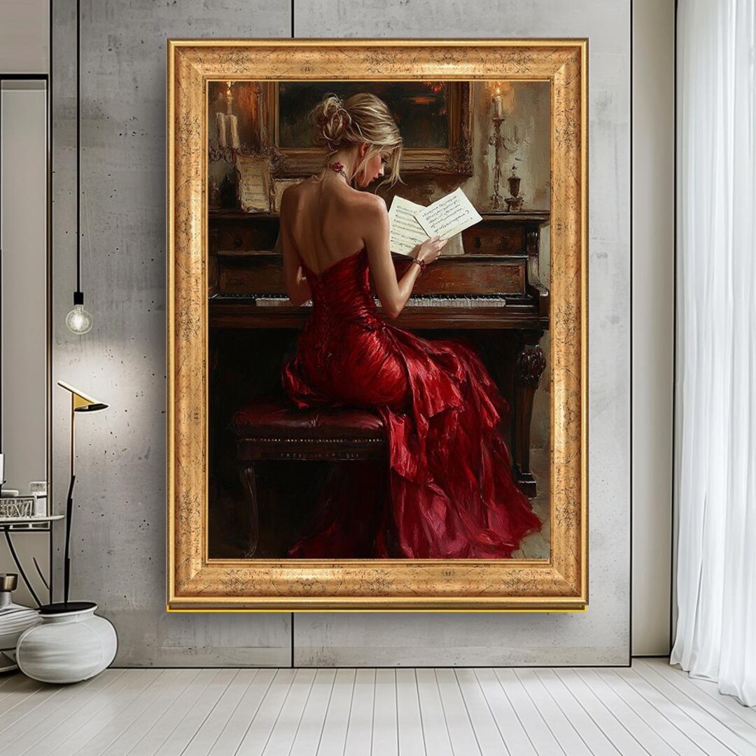 Elegant Woman at Piano Canvas Print, Classical Music Art, Red Dress ...