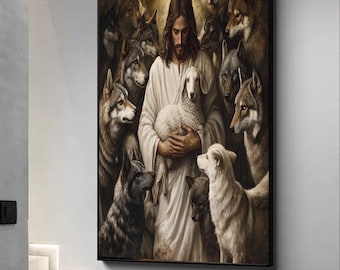 Jesus Lamb Wolves Canvas Print, Religious Inspirational Artwork Home Decor