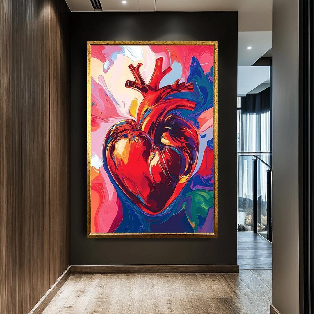 Vibrant Anatomical Heart Canvas Print, Abstract Expressionist Love
