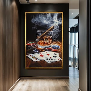 Impresión en lienzo de whisky, puros y póker, arte mural con temática de casino, decoración de lujo para una cueva masculina, arte para una noche de póker, decoración masculina para un bar o salón.