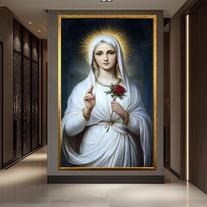 Sacred Virgin Mary with Red Rose – White Madonna Art Print – Holy Mother Religious Wall Decor – Spiritual Catholic Home Canvas