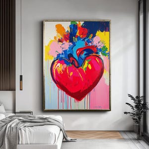 Arte de parede em forma de coração colorido e ousado, tela de coração expressionista abstrata, arte vibrante com tinta pingando, decoração de amor moderna, pintura de coração exclusiva