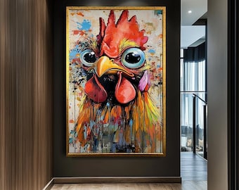 Quirky Rooster Canvas Art, Colorful Abstract Chicken Artwork, Whimsical Farmhouse Decor