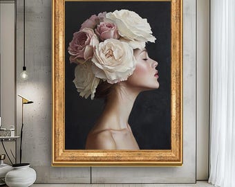 Elegante Frau mit Blumenkrone Wandkunst, Feminine Blumen Porträt Leinwand, Moderne Boho Dekor, Weiche Romantische Blumen Kunstwerk für Zuhause