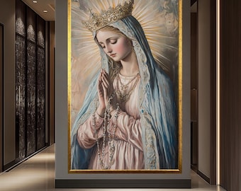 Royal Virgin Mary Canvas – Crowned Madonna with Rosary Art – Holy Prayer Catholic Wall Decor – Sacred Blessed Mother Printr