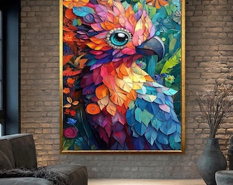 Quadro su tela con pappagallo colorato / Stampa di uccello tropicale / Dipinto di animale piumato dai colori vivaci / Decorazione boho giungla / Opera d'arte esotica per la casa