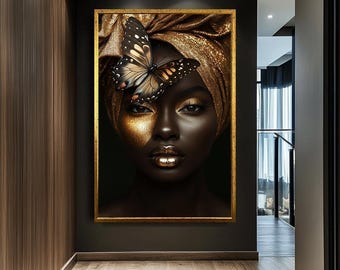 May include: A framed portrait of a woman with gold makeup and a gold head wrap. A butterfly rests on her head. The portrait is displayed in a hallway with wood paneling and a dark wall.