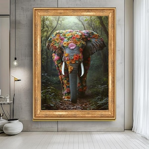 Floral Elephant Wall Art, Majestic Elephant with Flowers Canvas, Nature-Inspired Fantasy Artwork, Vibrant Animal Decor, Whimsical Jungle Art