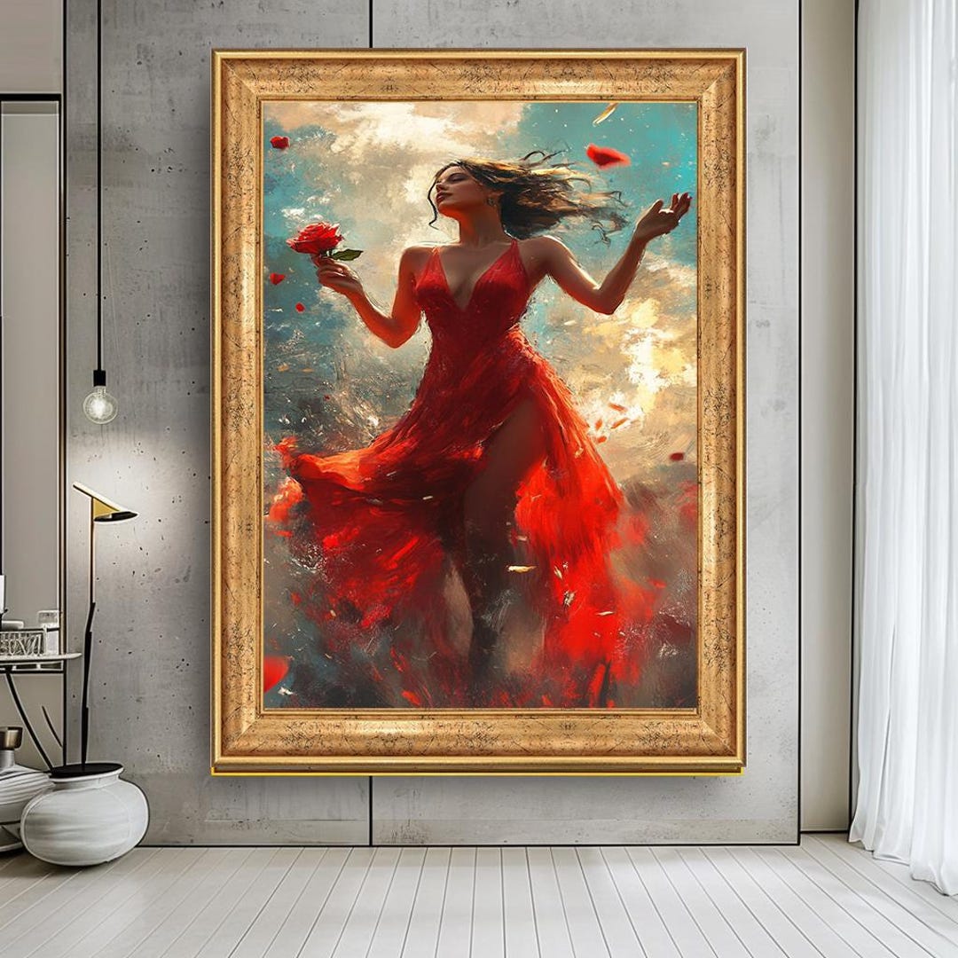 Passionate Woman in Red Dress Wall Art, Elegant Romantic Canvas Print ...