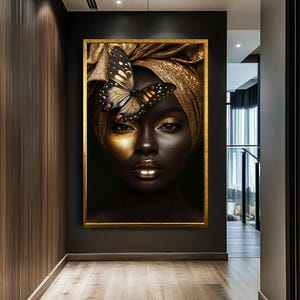 Gold Akzent schwarze Frau Wandkunst, Metallic Schmetterling Dekorative Leinwand, Luxus Wandkunst, große Leinwanddruck, modernes Wohndekor, Wandkunst