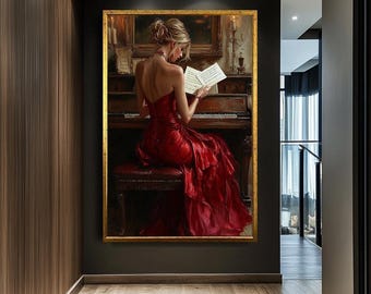 painting of woman in red dress playing piano Framed print of Sonata by M. Ditlef