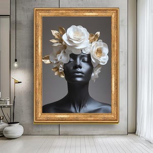 Woman Portrait with White Flowers Canvas Print, Modern Abstract Wall Art, Elegant Black and Gold Female Sculpture Painting for Bedroom