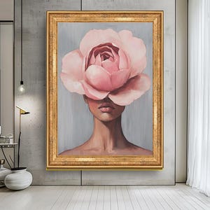 Floral Face Wall Art, Minimalist Woman with Pink Flower Canvas, Abstract Feminine Portrait, Modern Boho Decor, Elegant Flower Artwork
