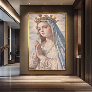 Elegant Virgin Mary Wall Art – Crowned Madonna Prayer Canvas – Catholic Sacred Mother Poster – Blessed Mary Religious Decor