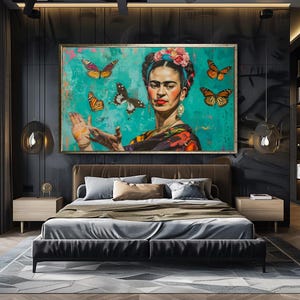 Frida Kahlo-Inspired Wall Art, Colorful Handmade Portrait Painting with Butterflies, Large Boho Decor for Modern Living Room