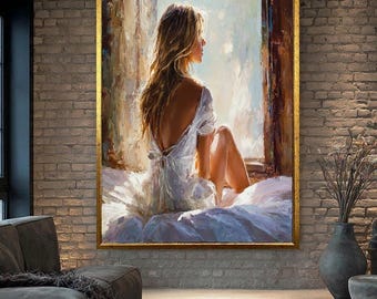 Quadro su tela raffigurante una donna romantica alla finestra, un dipinto impressionista dai toni tenui che ritrae una figura femminile, elegante decorazione per la camera da letto o la casa.