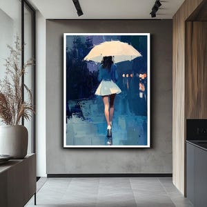 Woman with Umbrella Canvas Art, Abstract Rainy Night Painting, Large Wall Art for Living Room, Modern Elegant Home Decor