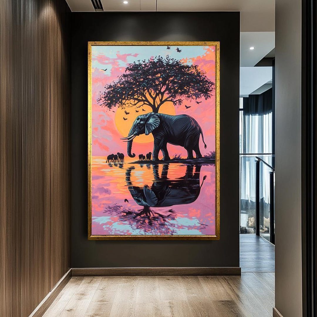 African Elephant Sunset Canvas Art | Colorful Safari Landscape Wall ...