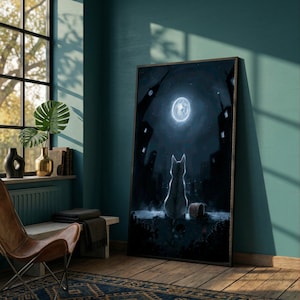 Midnight Cat at Moonlight, Urban Nightscape Canvas, City Skyline Wall Art, Mystical Moon Glow, Quiet Night Scene Canvas