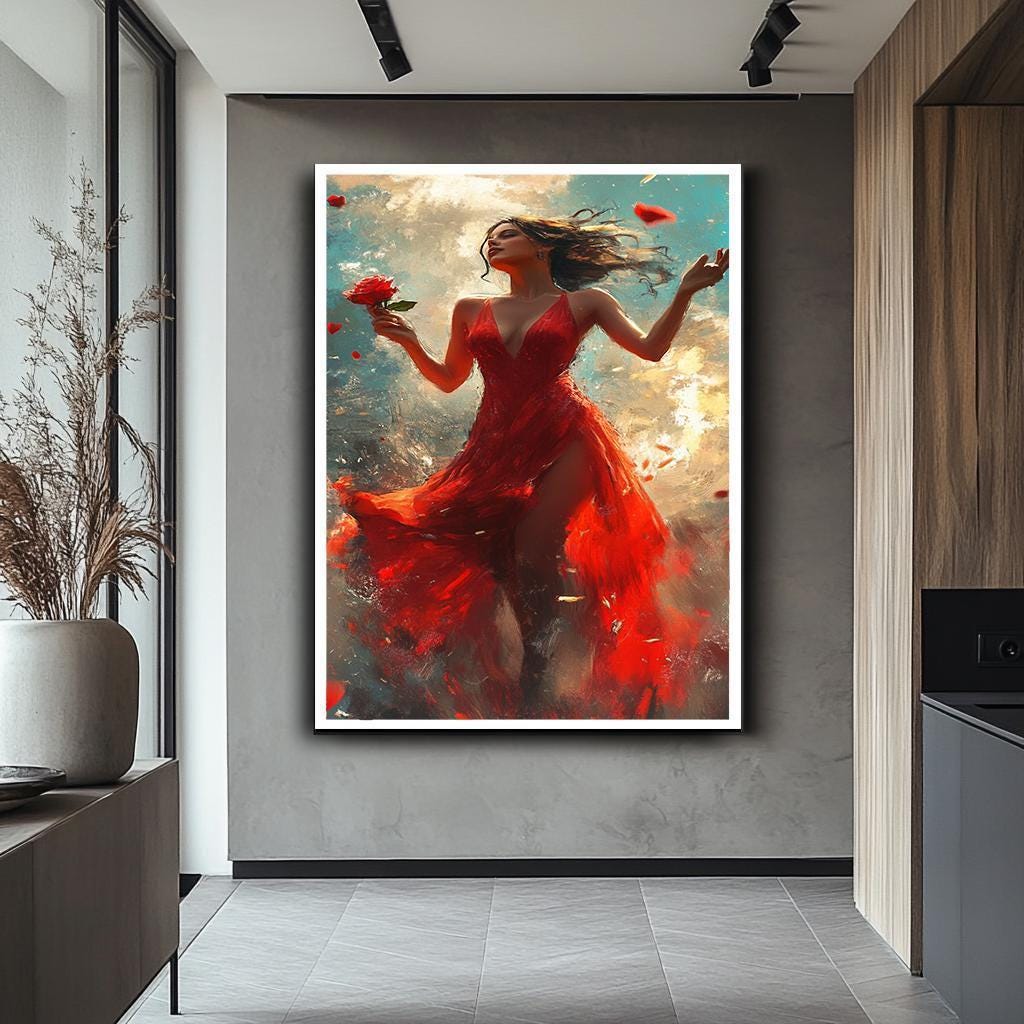 Woman in Red Dress Wall Art, Elegant Romantic Canvas Print, Dramatic ...