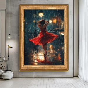 Tanzende Frau im roten Kleid Leinwanddruck, Romantische Regennacht Kunst, Elegante Stadtbild Wandkunst für Wohnzimmer, mutiges und emotionales Kunstwerk