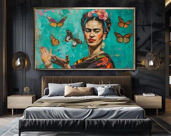 Frida Kahlo-Inspired Wall Art, Colorful Handmade Portrait Painting with Butterflies, Large Boho Decor for Modern Living Room