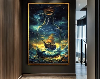 Ship in a Storm Wall Art, Fantasy Ship in a Bottle Canvas Print, Nautical Ocean Artwork, Surreal Maritime Decor, Unique Wall Decor for Home