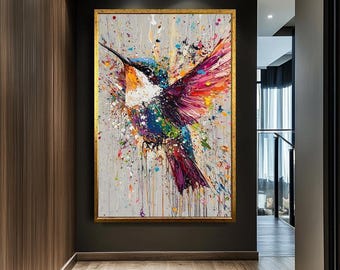 Lebendige Kolibri-Leinwandkunst, Spritzfarbe Vogel-Dekor, Wildtier Wandkunst