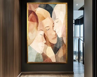 Abstract Portrait Canvas, Overlapping Faces, Modern Cubist Entryway Decor