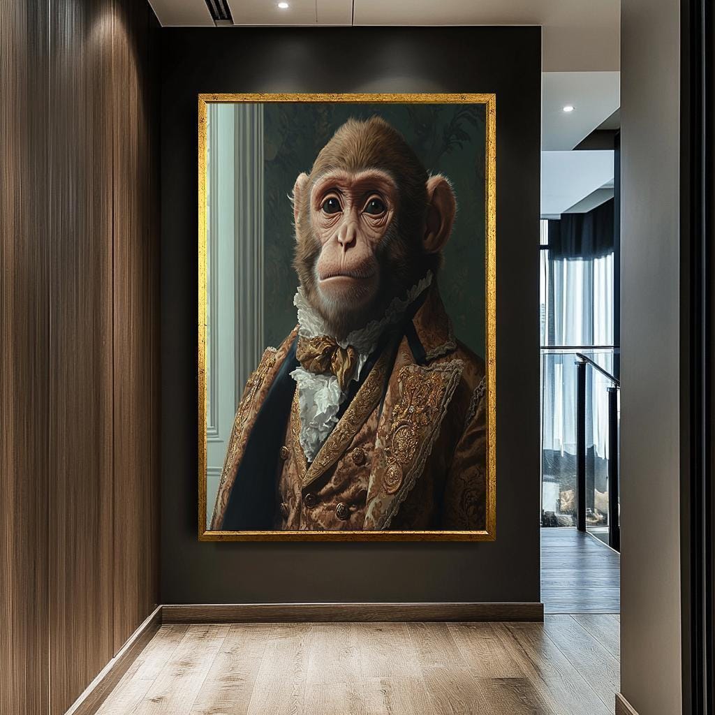 優雅な猿の肖像画キャンバスアート、ビクトリア朝の動物画、ロイヤル