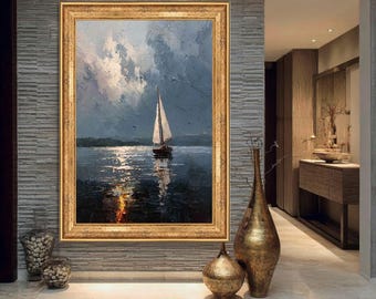 Sailboat Canvas Art – Nautical Wall Art, Seascape Sunset Print, Impressionist Ocean Painting, Maritime Home Decor Gift, Sailboat Wall Art