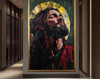 Lienzo con retrato de Jesús con la corona de espinas, arte religioso expresivo, decoración para la entrada.