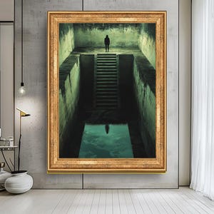 Mysterious Dark Stairs Wall Art Print – Surreal Abstract Landscape with Shadow Reflection – Modern Gothic Home Decor,Unique Large Canvas Art