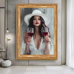 Elegant Woman with Wine Glasses Canvas Art | Modern Figurative Wall Decor | Chic Black and White Portrait | Red Wine Art Print