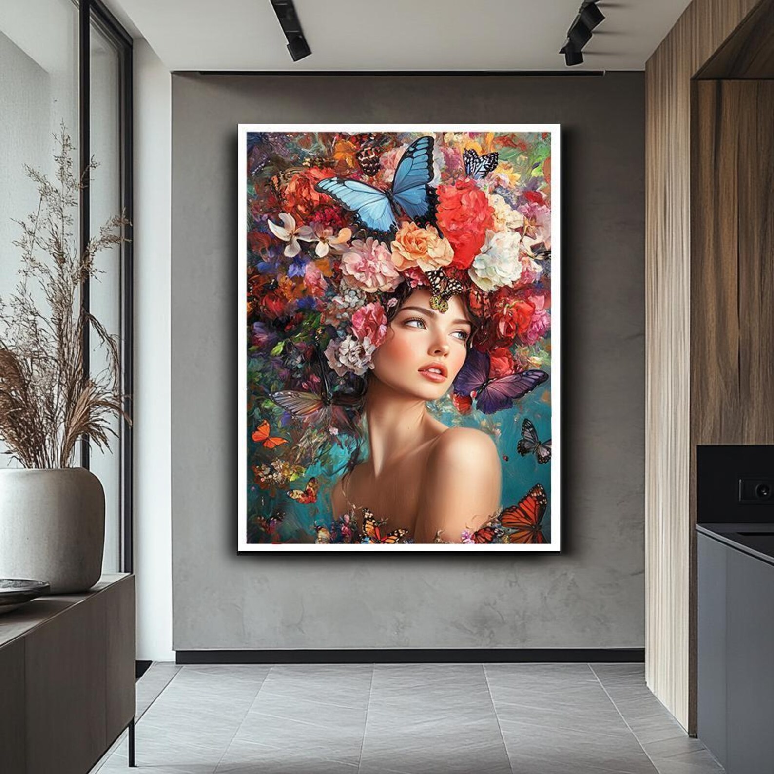 Floral Butterfly Woman Portrait Art, Colorful Nature-inspired Canvas ...