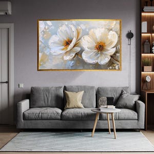 Large White Floral Canvas Print, Modern Abstract Flower Wall Art, Neutral Bloom Artwork, Elegant Living Room Decor, Unique Gift, Wall Art
