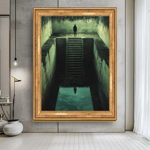 Mysterious Dark Stairs Wall Art Print – Surreal Abstract Landscape with Shadow Reflection – Modern Gothic Home Decor,Unique Large Canvas Art