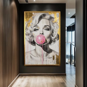 Impresión artística chic de chicle de Marilyn Monroe, lienzo de arte pop glamoroso, decoración de pared en pan de oro y rosa, elegante obra de arte de celebridades para la sala de estar